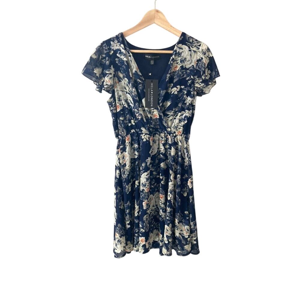 Mela London NEW Rose Floral Wrap Effect Dress Blue 10